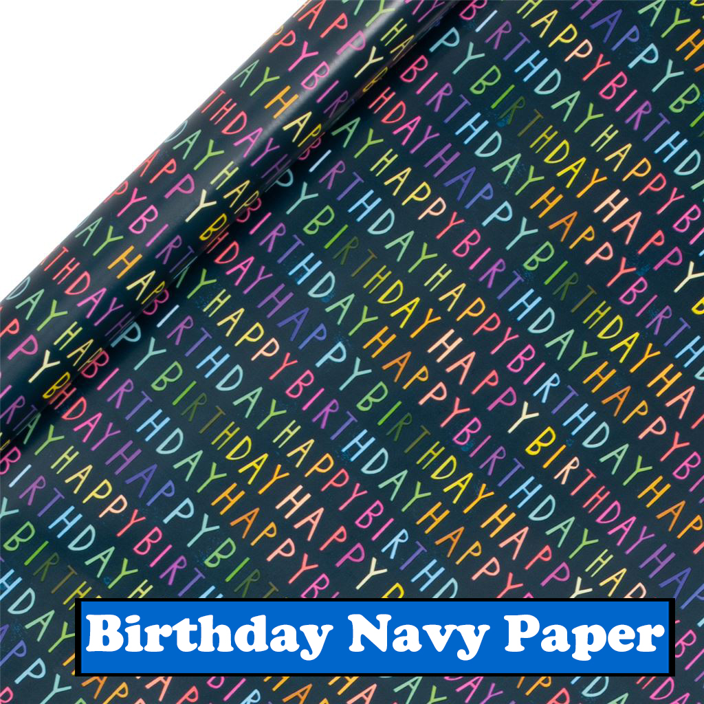 navy wrapping paper with multicoloured happy birthdays